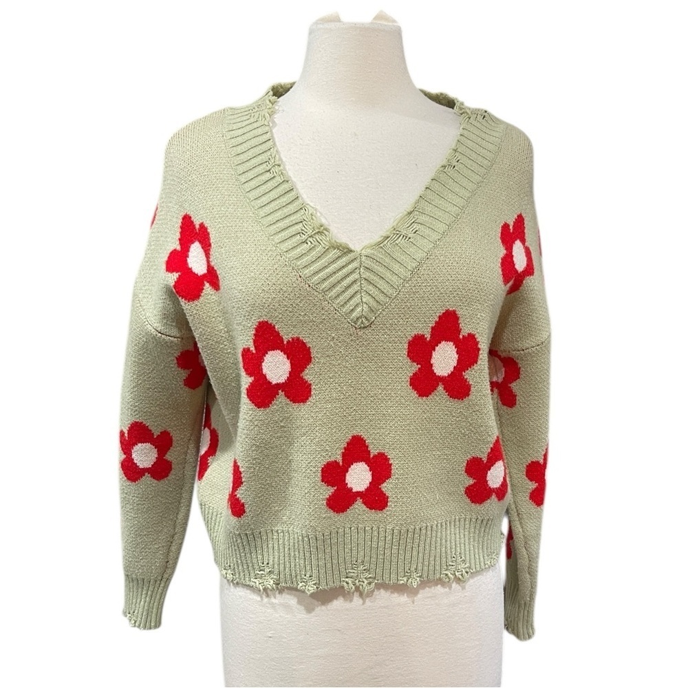 Bailey Rose Distressed Vee Neck Flower Sweater SZ M Mint Green Red - Picture 5 of 10